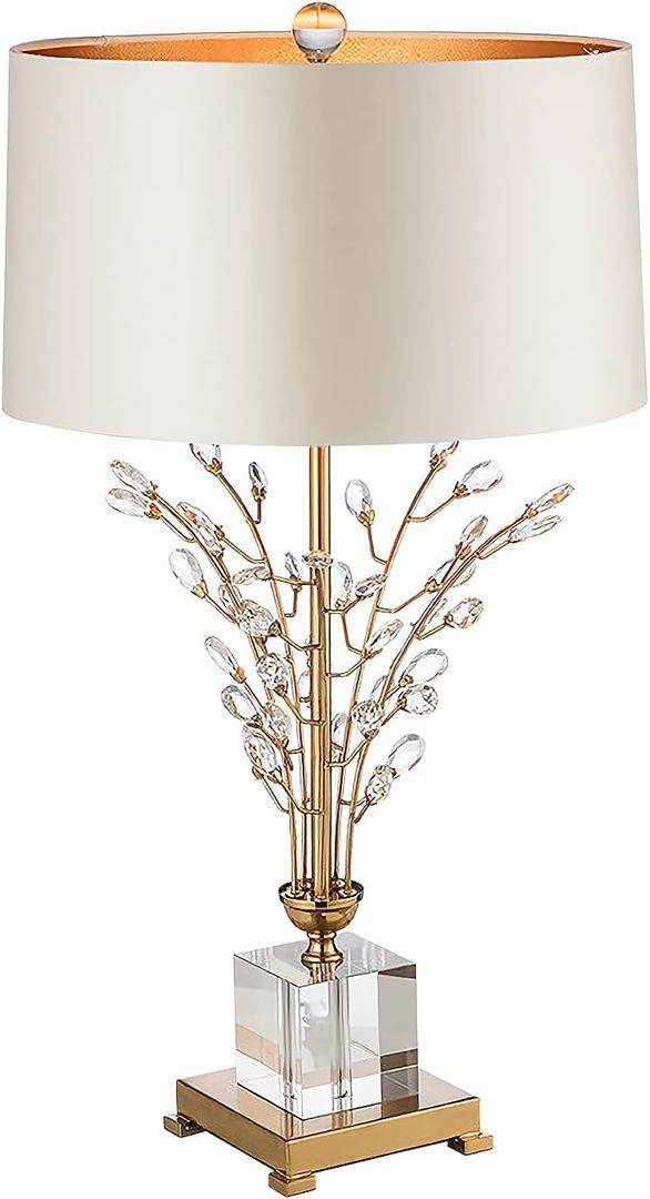Glass Table Lamp Modern Bedside Lamp Decorative with Metal Base White Linen Fabric Lampshade Modern Bedside Lamp for Bedroom Living Room Elegant Nightstand Lamp Crystal Decoration for Office Desk