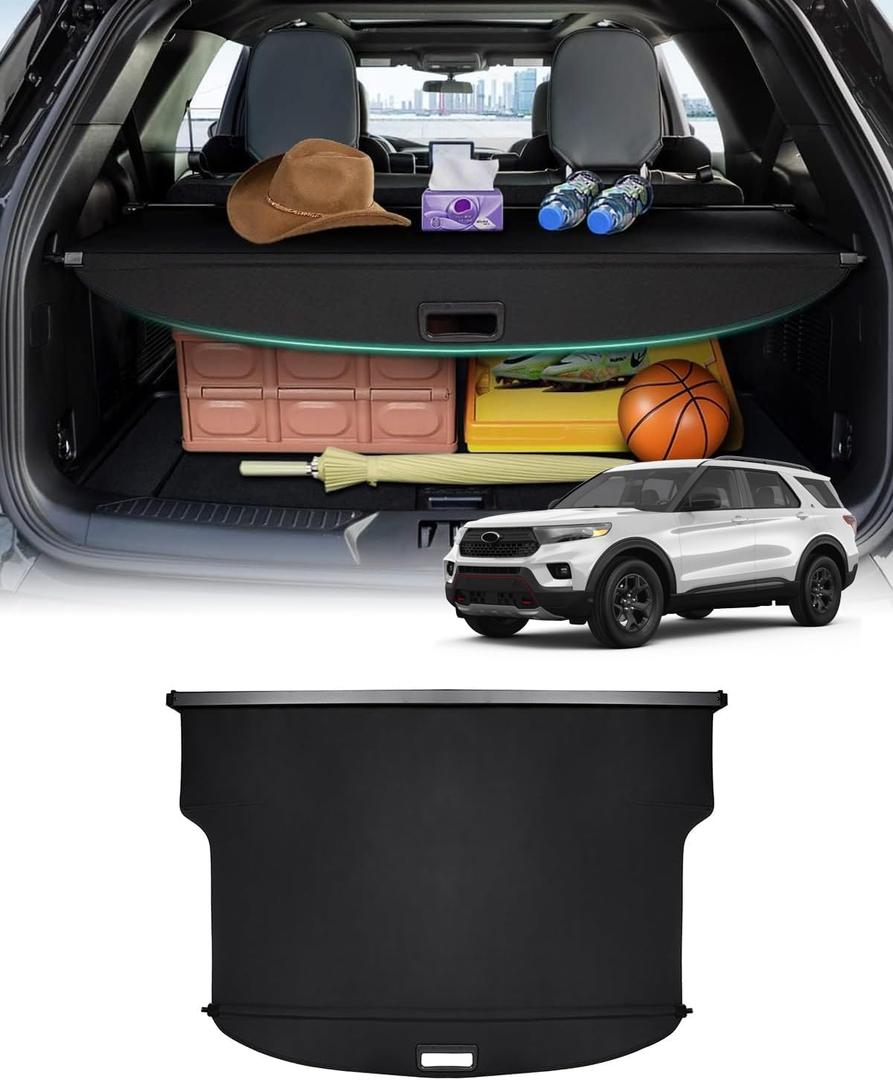 Powerty Cargo Cover Custom Fit for Ford Explorer 2020-2024 Trunk Cover Trunk Security Cover Shielding Shade Explorer Accessories Retractable Punch-Free Carbon Fiber Black