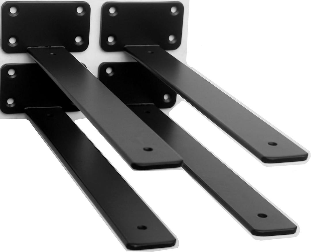 4 Pack - 12 inch Black Hidden L Shelf Bracket (1/5 Inch Thicked) Iron Floating Shelf Brackets Rustic Industrial Metal Brackets for Shelf Support