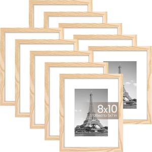 upsimples 8x10 Picture Frame Set of 10, Display Pictures 5x7 with Mat or 8x10 Without, Multi Photo Frames Collage for Wall or Tabletop Display, Natural
