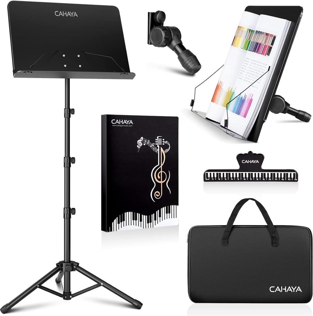 CAHAYA 5 in 1 Heightened Dual-use Sheet Music Stand & Desktop Book Stand Metal Portable Solid Back with Height Adjustable from 31.4-67in Including Carrying Bag, Sheet Music Folder & Clip CY0304 (Higher Version, Black)