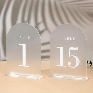 Arch Wedding Table Numbers, 1-15 Frosted White Table Signs with Holder, 5"x7" Bold Clear Print Number Signs for Wedding Centerpiece, Anniversary, Banquet, and Event Decor