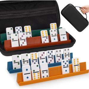 Double 6 Dominos Set for Adults with 28 Tiles 2x1x0.28 Inches & 4 Silicone Domino Racks 10x1.18x1.18 Inches, Classic Board Games with Portable Case for Family Game Nights & Travel (Large)