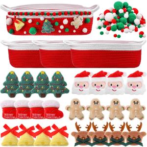 3 Set Christmas Woven Basket with Cute DIY Doll Cotton Rope Christmas Basket for Gift Empty with Handles 15 x 9.9 x 5 Inch Woven Rope Storage Bin Santa Xmas Holiday Decorative(Red White)