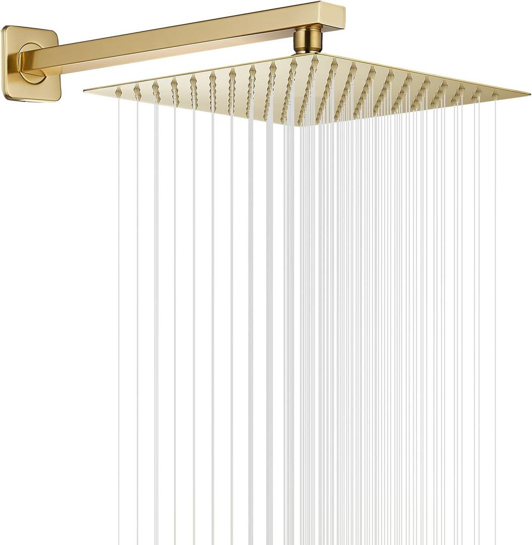 GGStudy Rain Shower Head Brushed Gold with Extension Arm 12 Inch Square Shower Head with 16 Inch Shower Arm Large Stainless Steel Rainfall Showerhead Waterfall Full Body Coverage, Gold