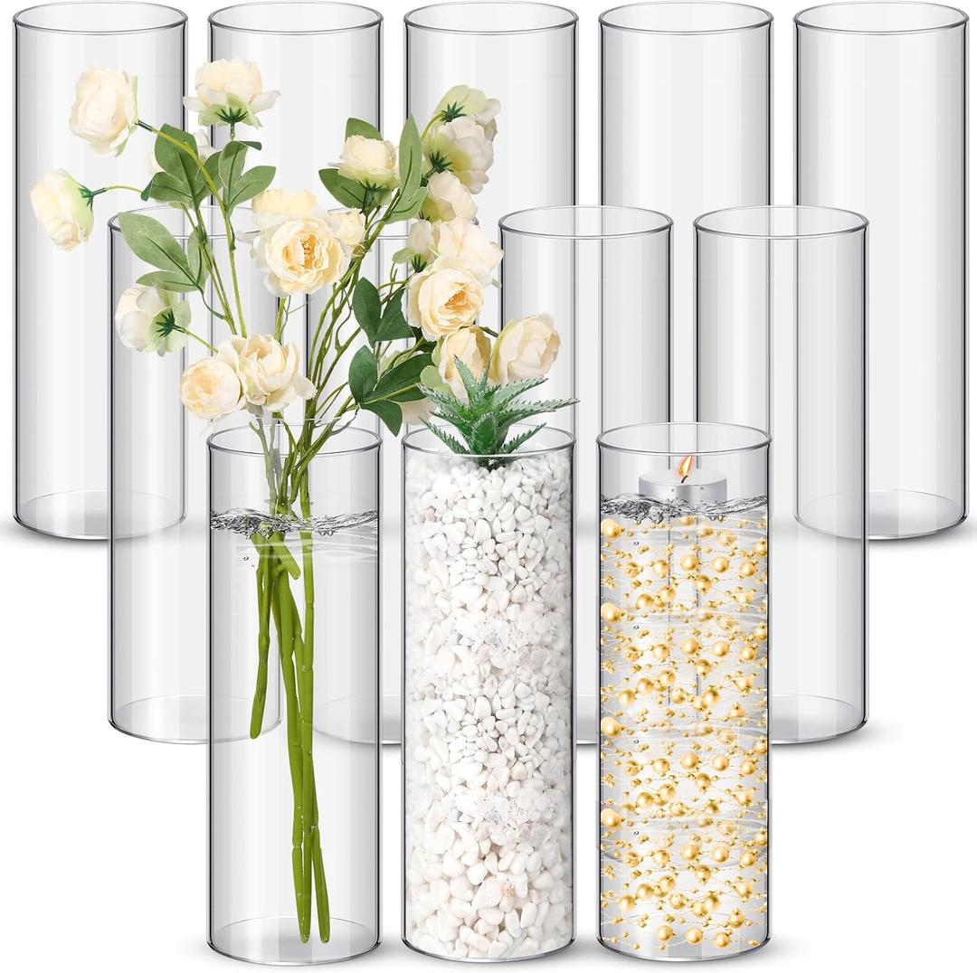 Nuogo 12 Pcs Plastic Clear Cylinder Vase for Home 10 Inch Acrylic Flower Clear Vase Centerpiece for Centerpieces Wedding Party Decorations
