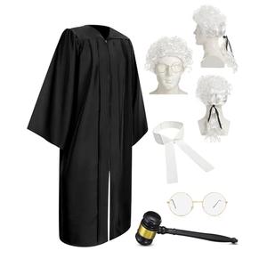 Hillban 5 Pcs Halloween Judge Costume Accessory Judge Robe False Collar Wooden Gavel Wig and Glasses for Halloween Cosplay (White Wig,45”(5'0”-5'2”))