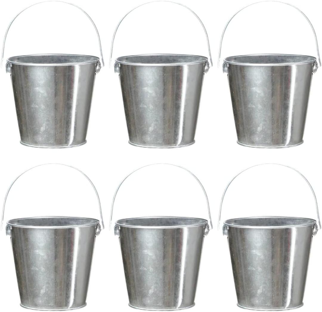 Galvanized Tin Metal Buckets with Handle, 6 Pack 5.91 Inch Iron Pail, Easter Bucket, Pencil Holder and Flower Pots, Craft Supply Holders for Events, School Storage and Party (Silver)
