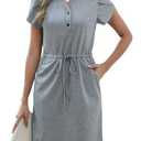 CiCiBird Women Summer Button V Neck Dress Casual Short Sleeve Mini Dresses Work Drawstring Waist Dress with Pockets Gray S