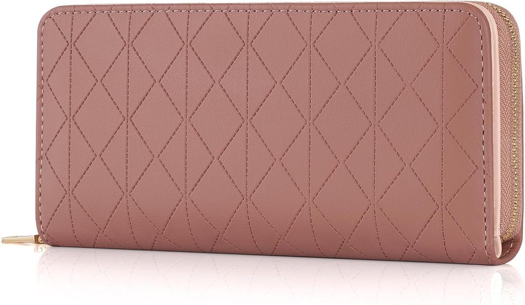 Womens Wallet PU Soft Leather Clutch Wallets For Women Bi-fold Credit Card Holder ID Window Coin and Cash Organizers Long Ladies Wallet With Large Capicity Zipper Pocket, Dark Pink