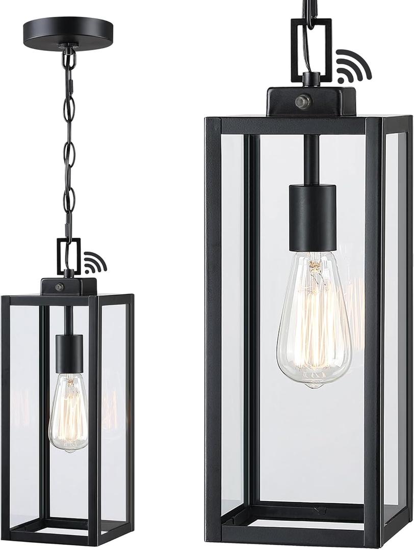 17 Inch Outdoor Pendant Light Dusk to Dawn, Sensor Hanging Light for Porch Entrance Lantern, Metal and Glass Photocell Exterior Hanging Lantern for Front Door Patio Pendant,E26
