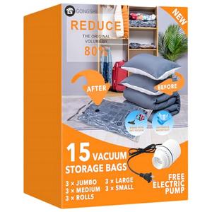 15 Pack Vacuum Storage Bags with Electric Pump (3 Jumbo, 3 Large, 3 Medium, 3 Small, 3 Roll Up), Plastic Packaging Bags,Space Saver Sealer Bag for Blankets, Comforters, Pillows, Clothes Storage