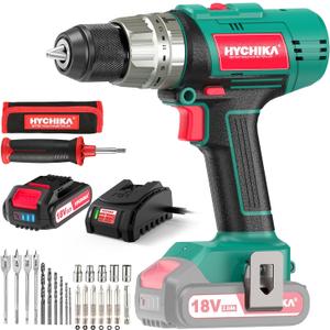 Cordless Hammer Drill Driver 18V, HYCHIKA 400 In-lbs Torque Power Drill with Auxiliary Handle, 1/2 Metal Chuck, 2.0Ah Battery, 1H Fast Charger, 21+3 Clutch, LED Light for Drilling Wood Metal Wall