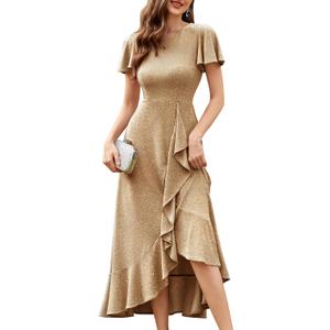 BeryLove Women Sequin Formal Party Dress Flutter Short Sleeve Wedding Cocktail Long Evening Dress (Gold, XL)
