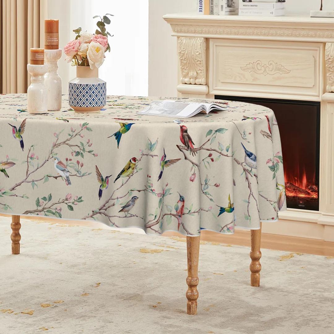 Horaldaily Spring Tablecloth Tablecloth 6084 Inch Oval, Birds Branch Beige Floral Washable Seasonal Table Cover for Party Picnic Dinner Decor