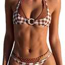 MakeMeChic Women's Double Layered Plaid Polka Dots Bikini Sets Halter Triangle Thong Swimsuit Bathing Suit Brown Small