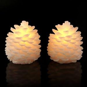 Homemory 2 Pcs Pine Cone Candles Flameless, White LED Flickering Lights with 6 Hours Timer, Battery Operated Candles for New Year Celebration Holiday Decorations D4.3 x H4.7 Inches