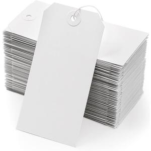 White Shipping Tags with Elastic String - Coideal 60 Pcs Blank Paper Hang Tags Attached Reinforced Hole Strung Cardstock for Labeling Price Inventory Luggage 4 3/4" x 2 3/8"