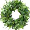 24 Inch Artificial Greenery Wreath for Front Door - Green Wreath with Eucalyptus and Fern Leaves, Spring Summer Fall Winter Eucalyptus Wreaths, Indoor Outdoor Wreath for Farmhouse Outside Year Round