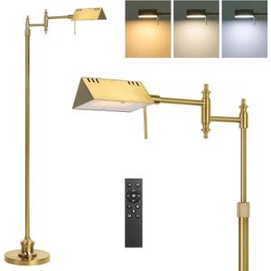 Dimmable Pharmacy Floor Lamp with Remote, 17W Gold LED Reading Floor Lamp with 360Swing Arm, 3 Color Temperature, Height Adjustable Standing Task Lamp for Living Room, Bedroom, Office, Antique Brass