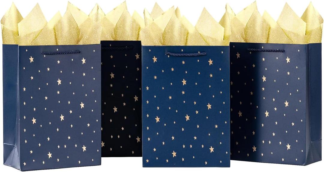 SHIPKEY Gift Bags, 10 Pack Navy Blue with Gold Foil Stars, Kraft Paper Bags with Handles, Bulk for Men, Groomsmen, Christmas Gifts, 8x4x11inch, Includes Tissue Paper