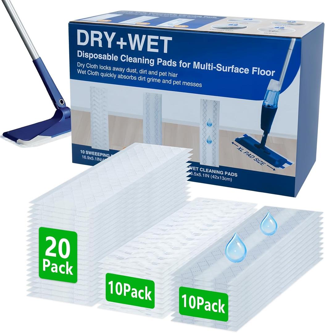 40 Count Dry+Wet Hardwood Floor Cleaner Pads for Bona Mop Replacement Pads XL Disposable Wet Cleaning Pad Multi Surface Floor Pads Refill Compatible with Bona, Rubbermaid, Libman and Swiffer Power Mop