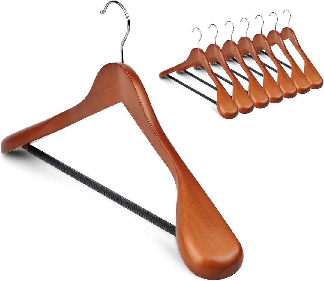 Coat Hanger 8Pack, MEQUTION Wood Hangers Trouser Hangers Extra Wide Shoulder Wooden Hangers for Heavy Coat, Sweater, Skirt, Suit, Pants, Retro Finish (Walnut)