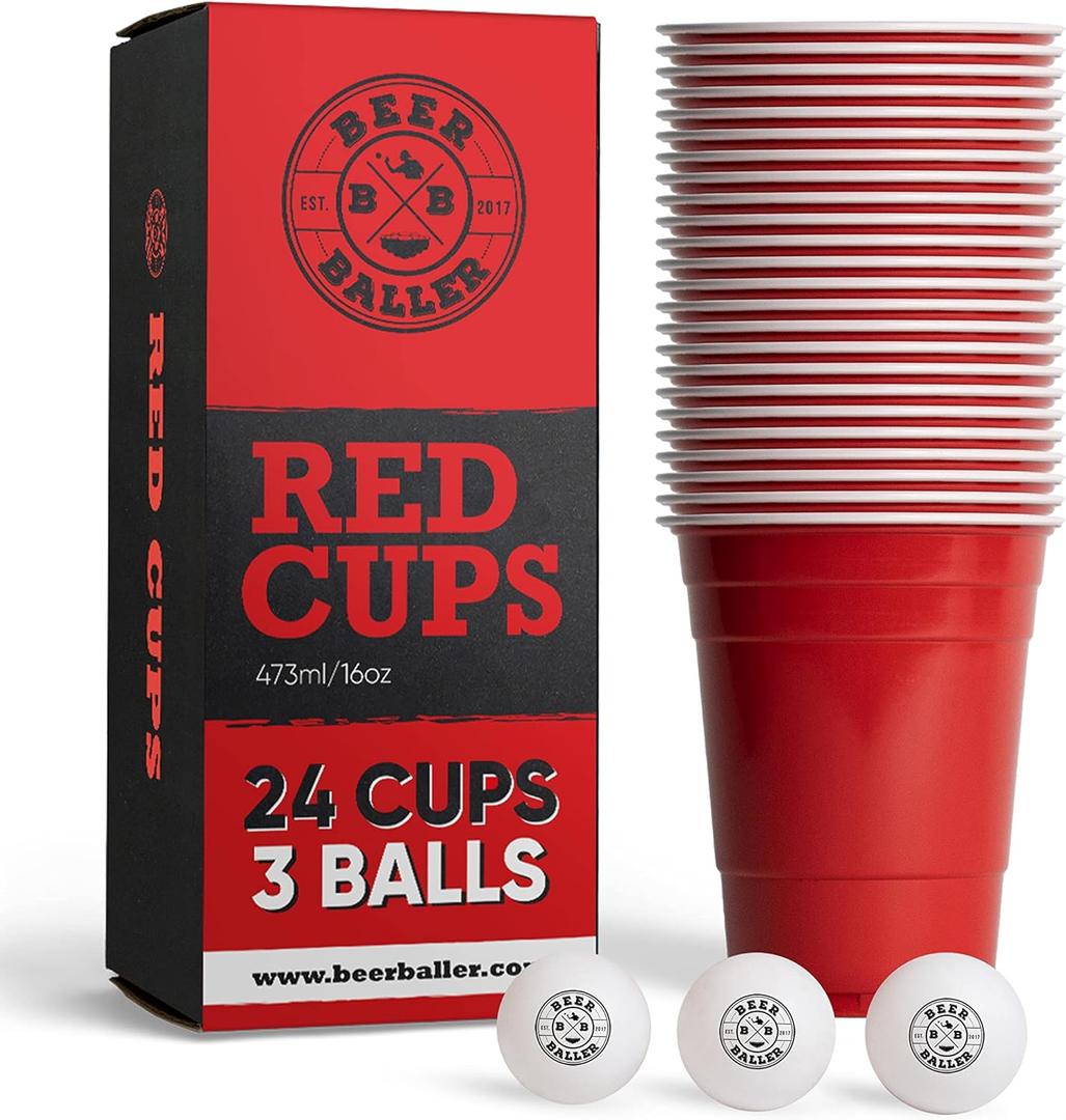 Red Cups Set - 24 Red Party Cups & 3 Balls | 16oz | Dishwasher Safe & Reusable