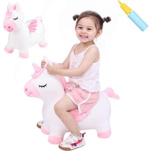 INPANY Unicorn Bouncy Horse Toys, Toddler Girl Bouncing Animal Hopper, Inflatable Plush Stuffed Animal, Baby Ride-on Rubber Bouncer, Indoor Outdoor Cute Birthday Gifts for 2 3 4 Year Old Girl Boy Kid