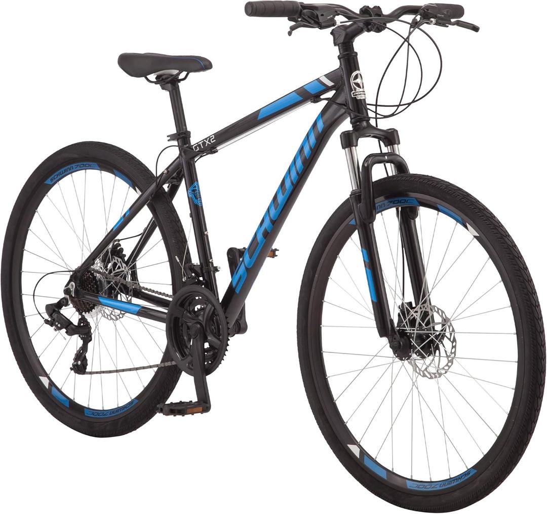 Schwinn GTX Comfort Adult Hybrid Bike, Men and Women, Dual Sport Bicycle, 700c Wheels, Step-Through or Step-Over Lightweight Aluminum Frame (18-Inch Frame, Black/Blue)