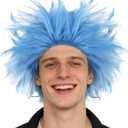 Hair Cap+Blue Spiky Wig Short Crazy Wigs Adult Blue Fluffy Wig Funny Crazy Hair Funky Hairy Costume Layered Fluffy Outfit Short Anime Cosplay Costume for Theme Party Halloween Cosplay