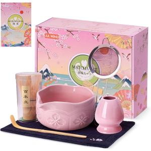 Matcha Whisk Set, Ceramic Matcha Set Includes Bowl with Spout, Whisk and Holder, Bamboo Scoop, Sifter and Tea Towel - 6 Pcs Matcha Kit Gift for Lovers Beginners (Pink)