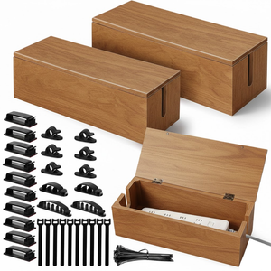 3 Pcs 3 Size Wooden Cable Box Organizer Set with 130 Pcs Cable Management Kit, Desk Cord Hider Cord Holder to Hide Wires Power Strips (Natural Acacia Wood Color)