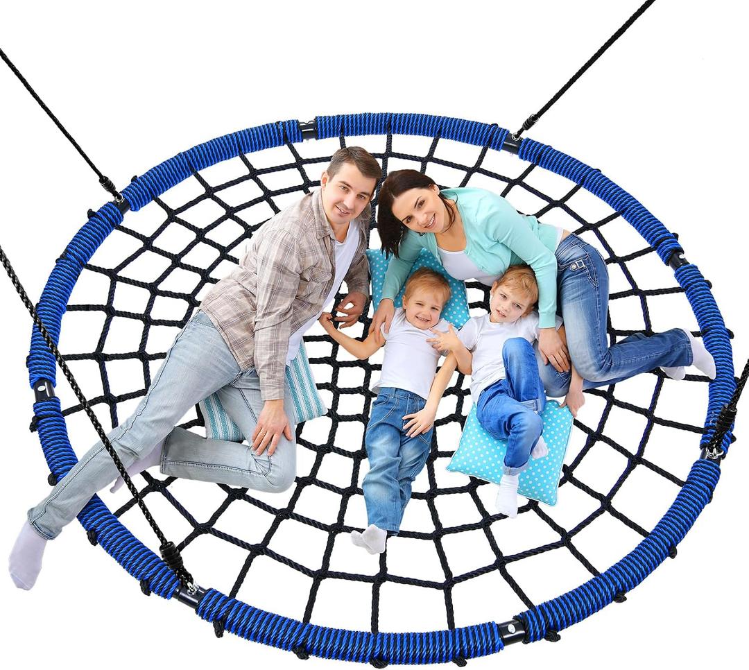 Trekassy 60" Large Spider Web Saucer Tree Swing for Kids & Adults, 750lbs Heavy Duty Outdoor Net Swing with Steel Frame and 2 Tree Hanging Straps - Blue+Black (Patented)