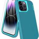 Aliruke for iPhone 14 Pro Max Case, with Screen Protector, Dust-Proof Port Cover, Full-Body Non-Slip Silicone Rubber Covered, Military Grade Drop-Proof Shockproof Phone Case, Mint/Teal