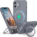 Liquid Silicone Case for iPhone 12 with Magnetic Ring Stand, Upgraded Camera Lens Protection, Mil-Grade Drop Shockproof, Soft Anti-Scratch Microfiber Lining Silicone Case (Gray)
