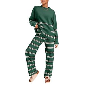 LILLUSORY 2 Piece Sets for Women 2025 Fall Outfits Two Piece Lounge Sets Sweatsuits Striped Knit Sweater Clothes Fashion StripesGreen Large