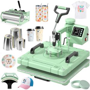 Slendor 8 in 1 Heat Press Machine 15x15 inch 360-Degree Swing Away Digital T Shirt Pressing Machine Multifunction Heat Transfer Sublimation Combo for T Shirts Mugs Hat Plate Cap, Green