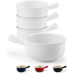 KooK French Onion Soup Bowls, French Onion Soup Crocks, Soup Bowl with Handles, 15 oz, Set of 4, Ceramic Bowls, Microwave, Dishwasher Safe & Oven safe, Stoneware,(White)