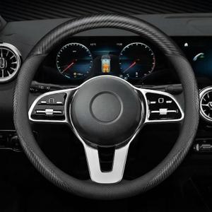 Microfiber Leather Steering Wheel Cover, Round Carbon Fiber Black Wire Trim, Leather Cover with Anti-Slip Lining, Universal 14.5"-15" Auto Accessory (Black)