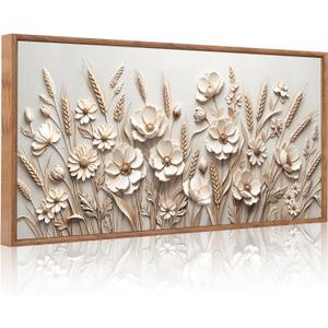 CHDITB 3D Textured Sculptural Wheat Bloom Wall Art,Neutral Beige Wall Decor | Floral Relief Canvas Painting, Warm Soothing Nature‑oriented Artwork Visual Prints for Living Room Bedroom Cottage 40"x20"