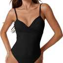 ESONALR Sexy One Piece Swimsuit for Women Adjustable Spaghetti Strap Cross Over Neckline High Leg Bathing Suits (Black), XL