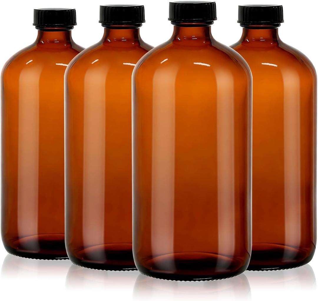 4 Pack 32 oz Amber Glass Boston Round Bottles with Phenolic Polycone Caps Airtight, Leak-Proof Brown Bottles for Kombucha Brewing, Essential Oils, Storing Condiments, and Homemade Solutions