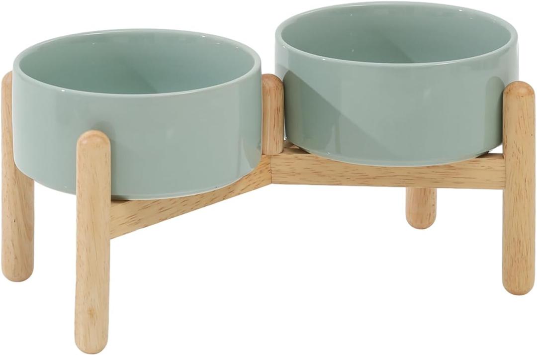 Havniva 6.1inch Ceramic Raised Dog Bowl with Stand, Double Dog Bowls Elevated for Small and Medium Breed Dog Food and Water Bowl Set Non-Slip Dog Dish Large Capacity Feeding Pet Water Bowl (2 Bowls+Stand - Light Green)