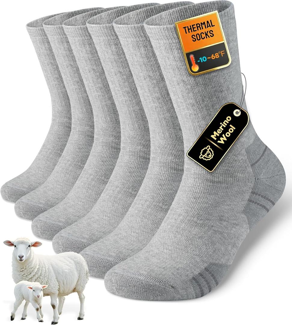 Merino Wool Hiking Crew Socks, Thick Thermal Warm Winter Cushioned Sock For Men & Women, Moisture-Wicking 3 Pairs (Large, Black-2)