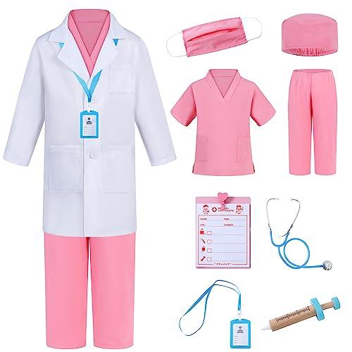 Aoiviss Doctor Costume for Kids Scrubs Pretend Play Kit with Doctor Lab Coat and Stethoscope Halloween Dress up for Boys Girls, Pink 4 PCS Size S