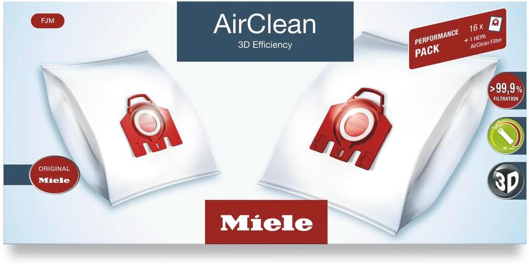 Miele Original Performance Pack for Miele Compact C1/C2 and S6/S4 Models, Includes 16 AirClean 3D Efficiency FJM Vacuum Cleaner Bags and 1 HA50 HEPA AirClean Filter 10512520