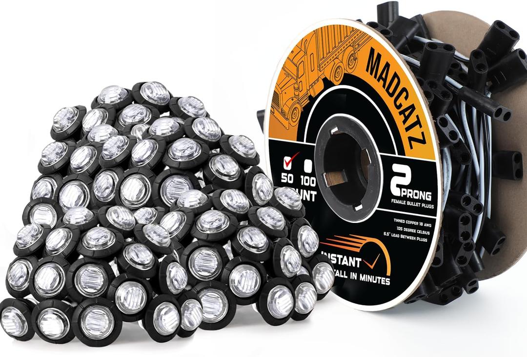 MADCATZ 10 Pcs 3/4" LED Clear Lens Amber Marker Lights 3LED with Bullet Connector Plug + 2 Prong Continuous Wire Harness Roll, 50 Female Plugs - 6.5 inch for Truck Trailer Pickup 12V DC