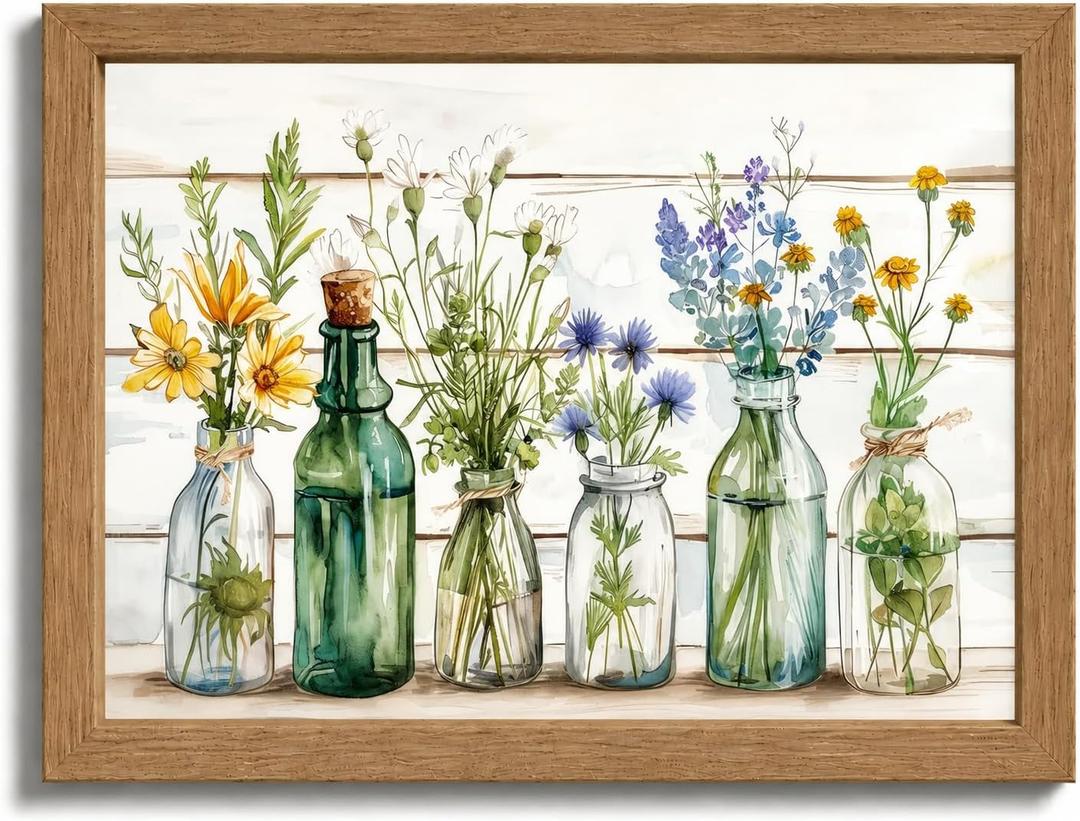 Framed Rustic Green Bathroom Wall Art Retro Green Flower Watercolor Bottles Canvas Painting Rustic Bathroom Picture Prints Farmhouse Country Floral Wall Decor for Bedroom Living Room Home Decoration, 24"L x 16"W
