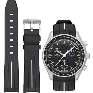 Rubber Strap for Moonswatch Watch,Curved No Gap,Premium Soft Durable Silicone Rubber Band Compatible with Omega x Swatch MoonSwatch Speedmaster 20mm Replacement Band Strap for Men Women (Black white line)